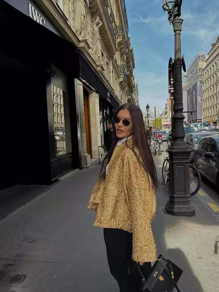 Lässige Bomberjacke Mit Goldenen Pailletten | Kurz