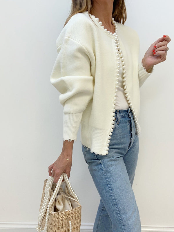 Trendiger Damen Cardigan Mit Offener Front | Perlendetails