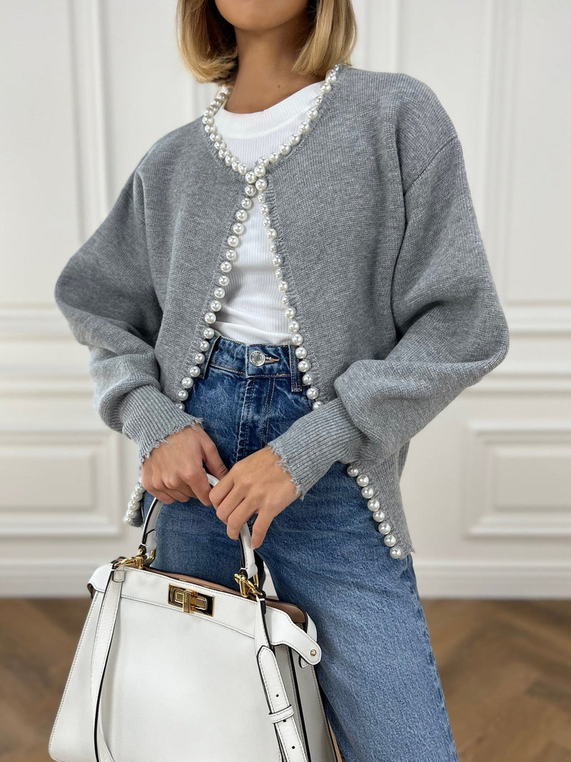 Trendiger Damen Cardigan Mit Offener Front | Perlendetails