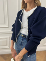 Trendiger Damen Cardigan Mit Offener Front | Perlendetails