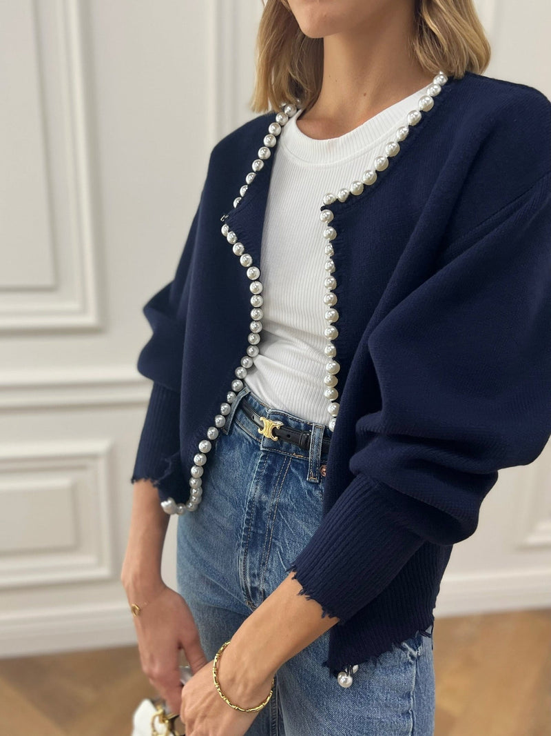 Trendiger Damen Cardigan Mit Offener Front | Perlendetails