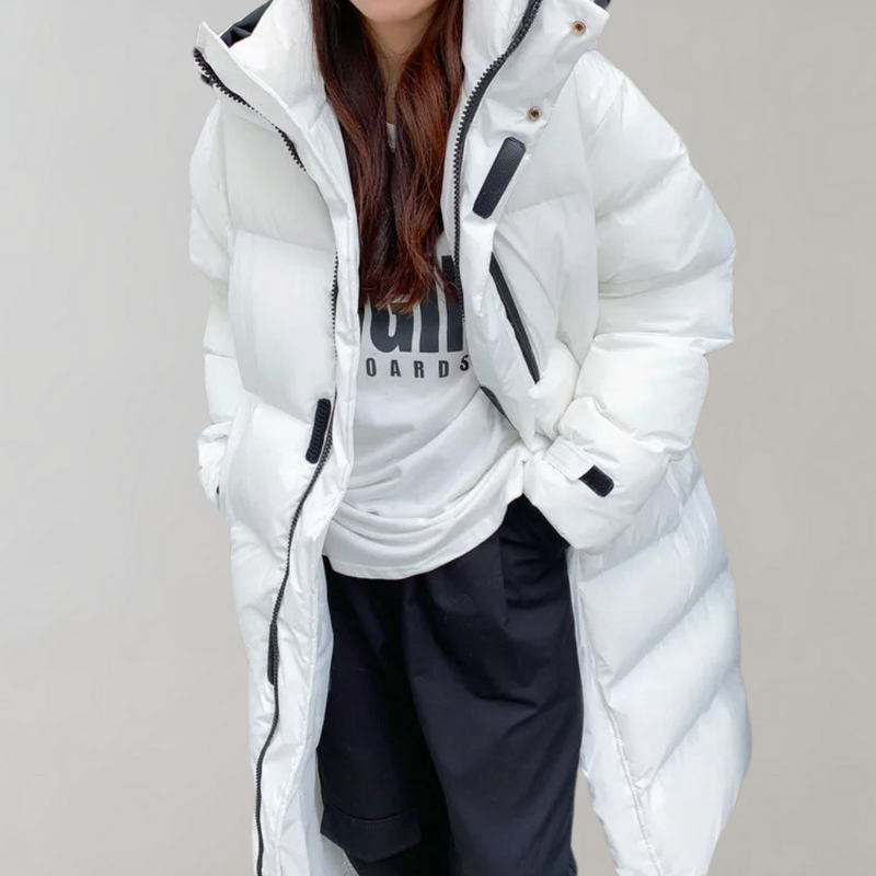 Damen Lange Pufferjacke Mit Kapuze | Reißverschluss
