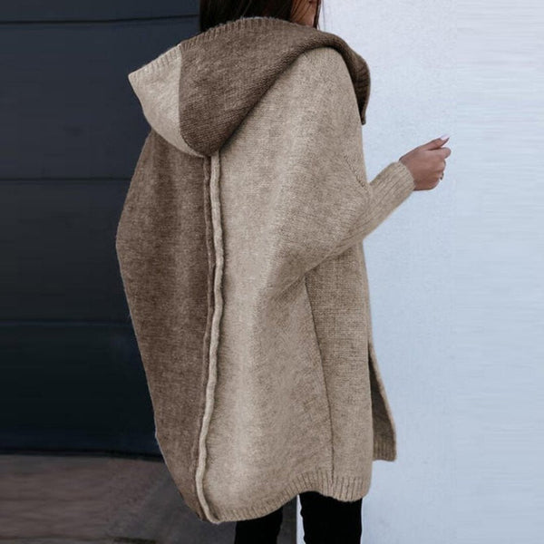 Langer Zweifarbiger Damen-Strickcardigan | Mit Kapuze