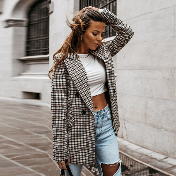 Langärmliger Karierter Blazer Für Damen | Geknöpft