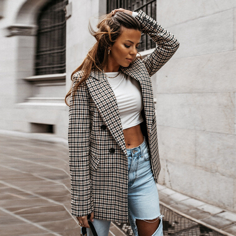 Langärmliger Karierter Blazer Für Damen | Geknöpft