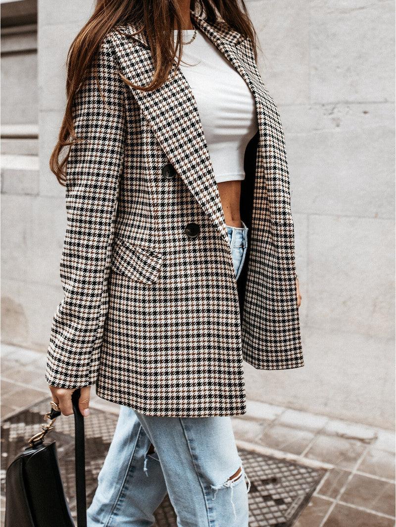 Langärmliger Karierter Blazer Für Damen | Geknöpft