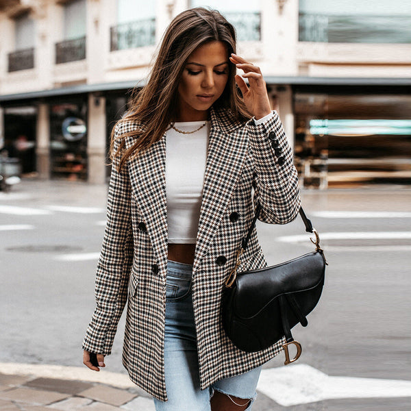 Langärmliger Karierter Blazer Für Damen | Geknöpft