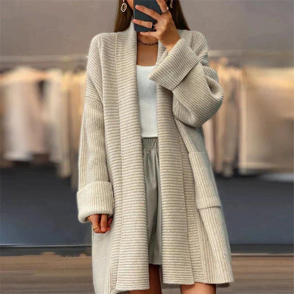 Langer Strickjacke Mit Offener Vorderseite Für Damen | Übergröße