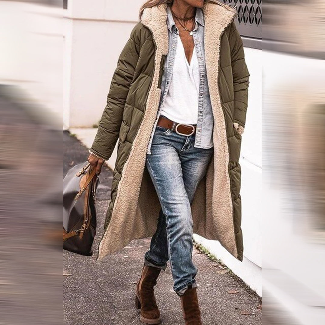 Damen Gestepptem Wintermantel Mit Kapuze Und Taschen | Lang