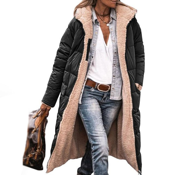 Damen Gestepptem Wintermantel Mit Kapuze Und Taschen | Lang