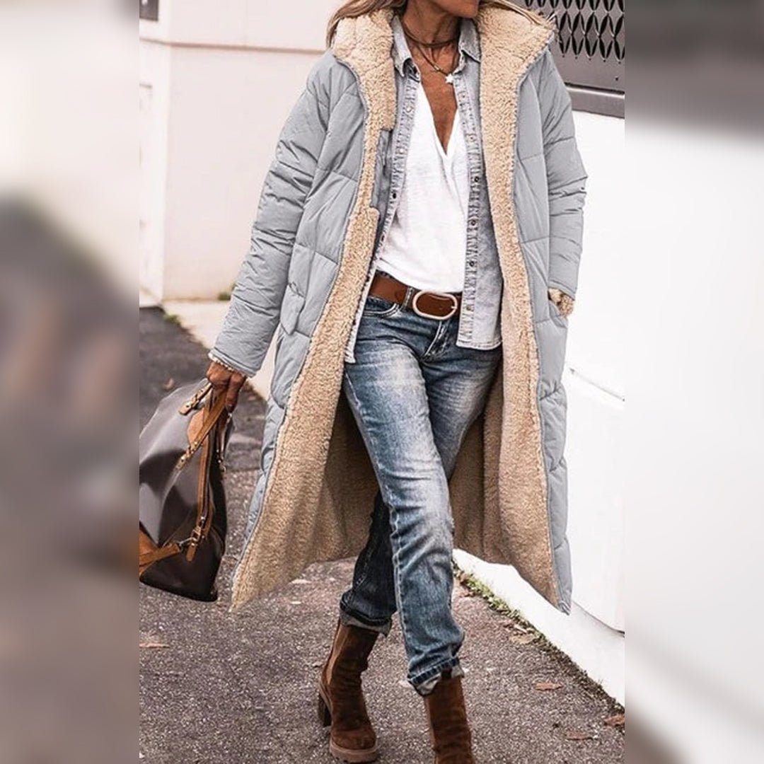 Damen Gestepptem Wintermantel Mit Kapuze Und Taschen | Lang