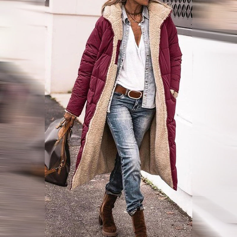 Damen Gestepptem Wintermantel Mit Kapuze Und Taschen | Lang