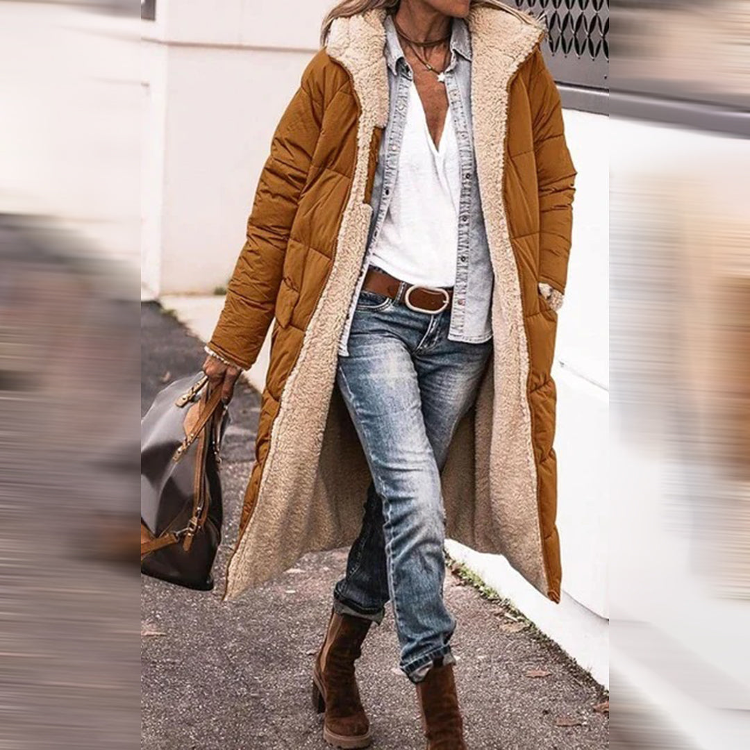 Damen Gestepptem Wintermantel Mit Kapuze Und Taschen | Lang