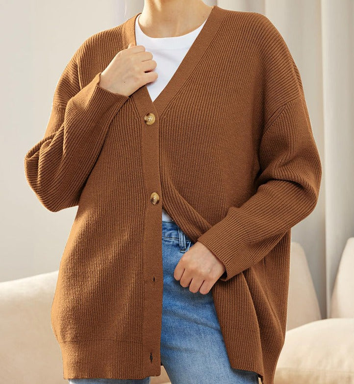 Gerippte Strickjacke Mit V-ausschnitt Für Frauen | Übergröße