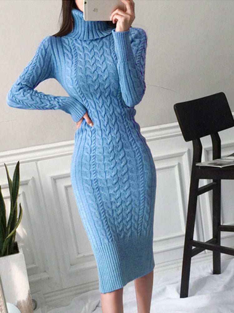 Rollkragen-strickkleid Mit Langen Ärmeln | Midi