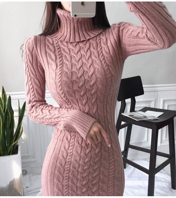 Rollkragen-strickkleid Mit Langen Ärmeln | Midi