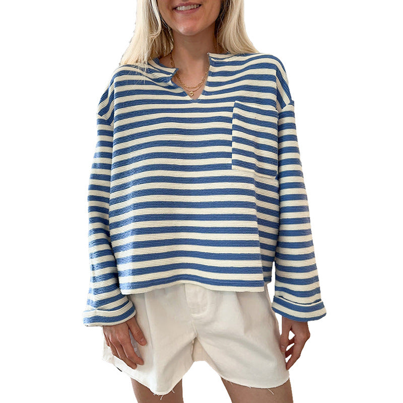 Gestreifte Bluse Mit V-Ausschnitt Für Damen | Mit Brusttasche