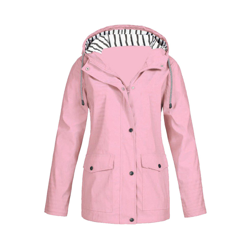 Regenjacke Mit Knopfverschluss Für Frauen | Gestreifte Kapuze