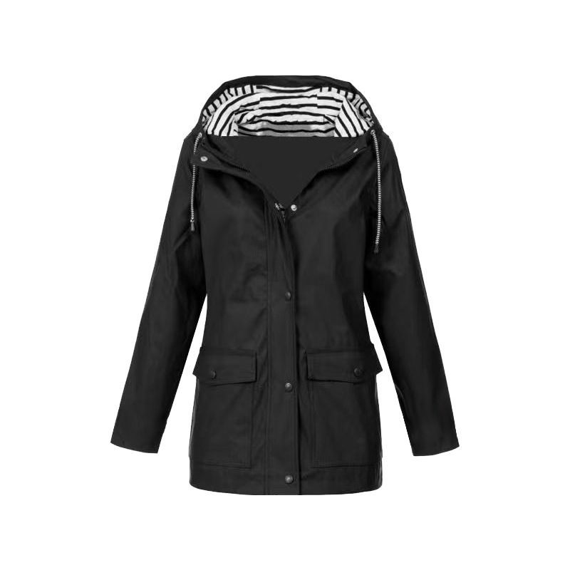 Regenjacke Mit Knopfverschluss Für Frauen | Gestreifte Kapuze