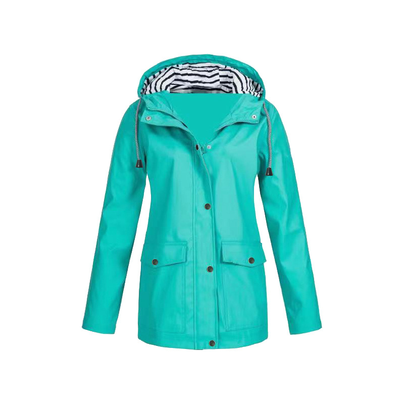 Regenjacke Mit Knopfverschluss Für Frauen | Gestreifte Kapuze
