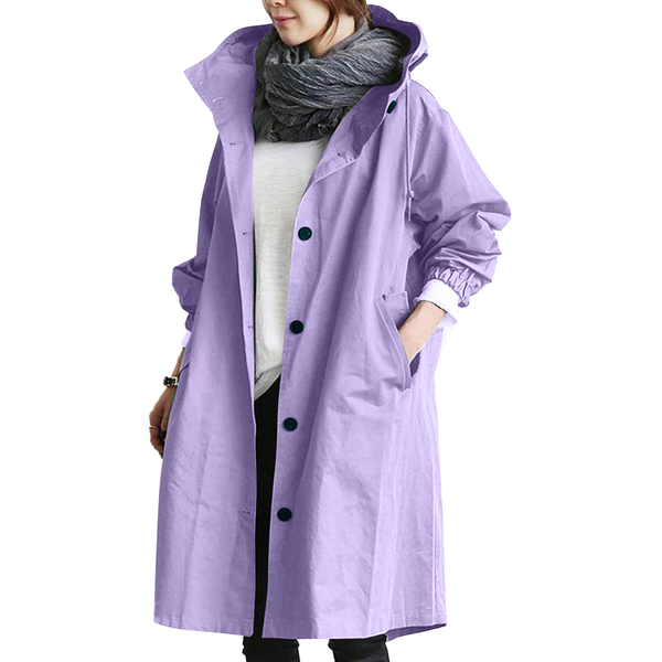 Lange Regenjacke Mit Kapuze Für Frauen | Knopfverschluss