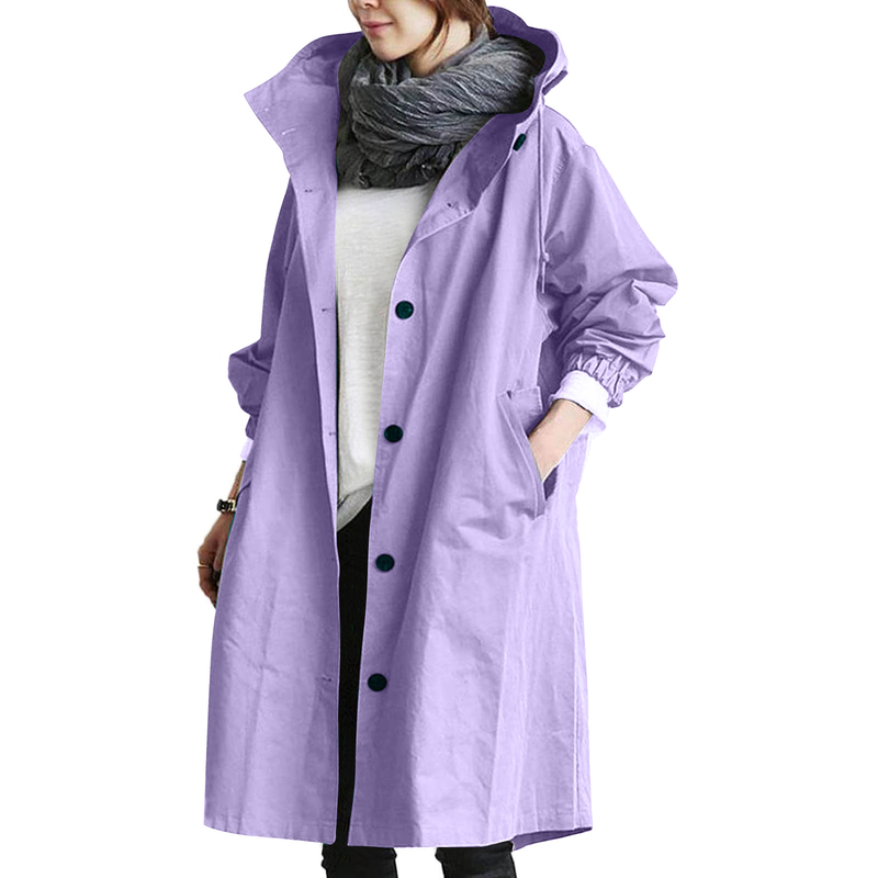Lange Regenjacke Mit Kapuze Für Frauen | Knopfverschluss
