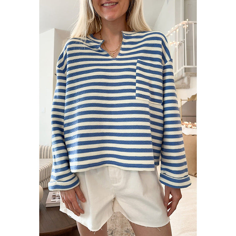 Gestreifte Bluse Mit V-Ausschnitt Für Damen | Mit Brusttasche