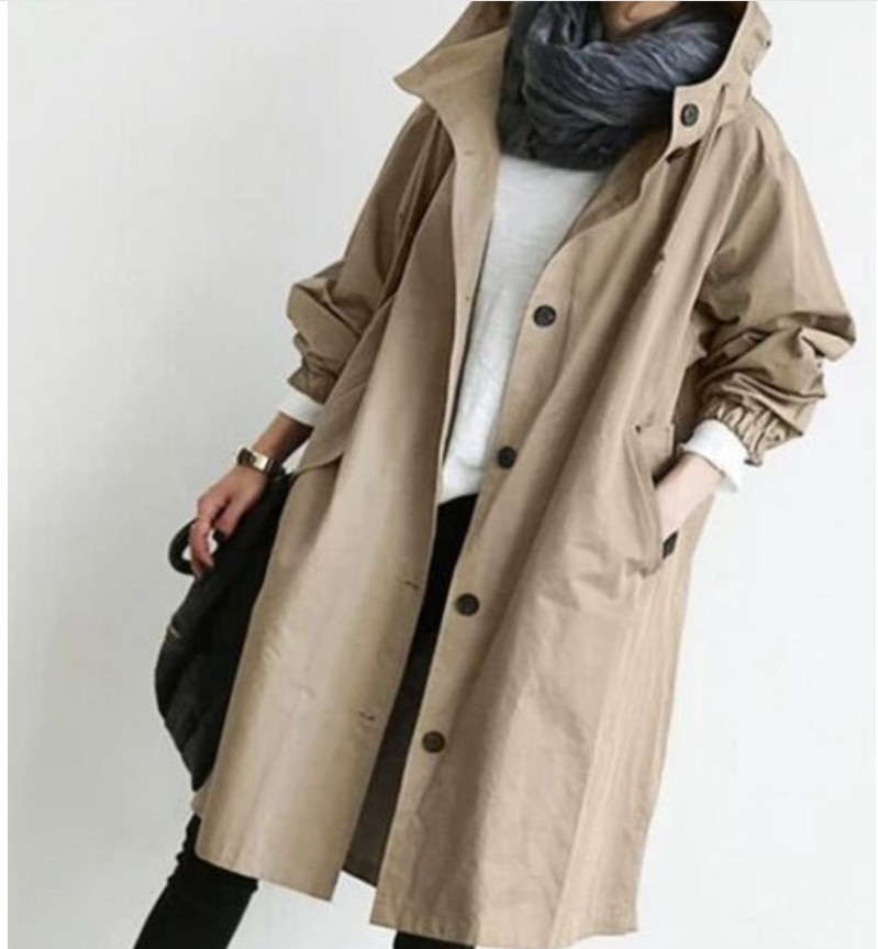 Lange Regenjacke Mit Kapuze Für Frauen | Knopfverschluss