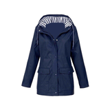 Regenjacke Mit Knopfverschluss Für Frauen | Gestreifte Kapuze