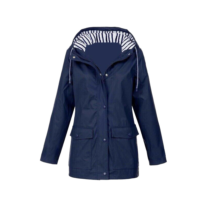 Regenjacke Mit Knopfverschluss Für Frauen | Gestreifte Kapuze