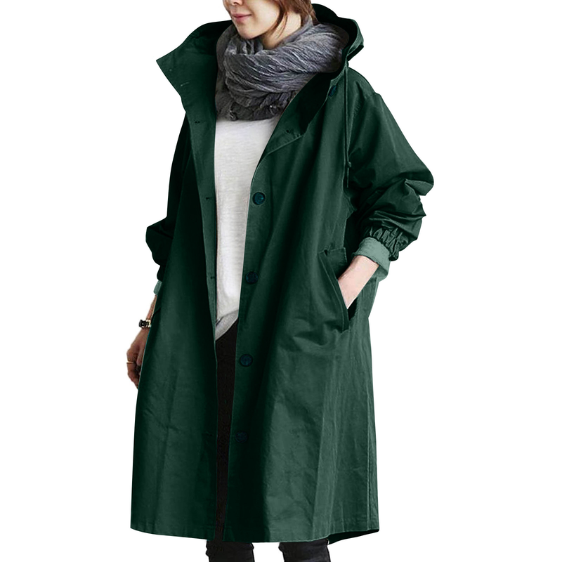 Lange Regenjacke Mit Kapuze Für Frauen | Knopfverschluss