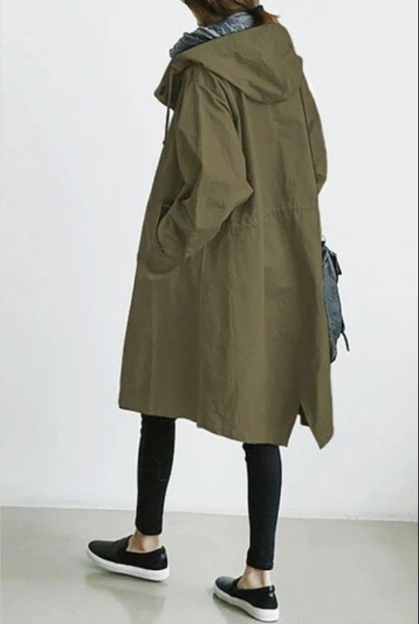 Lange Regenjacke Mit Kapuze Für Frauen | Knopfverschluss