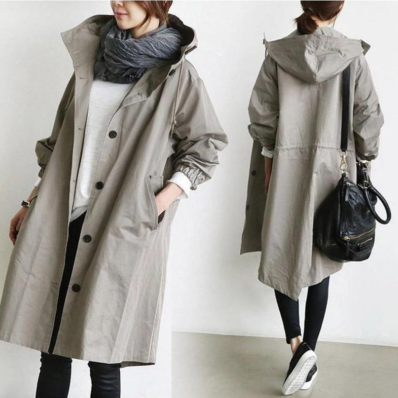 Lange Regenjacke Mit Kapuze Für Frauen | Knopfverschluss
