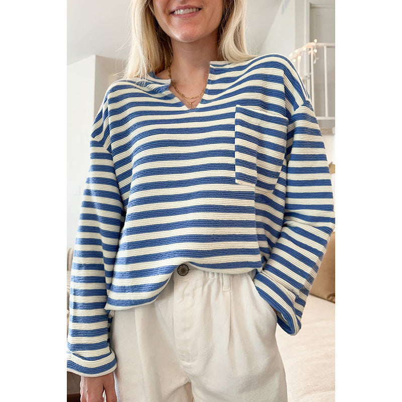 Gestreifte Bluse Mit V-Ausschnitt Für Damen | Mit Brusttasche