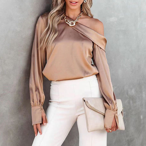 Alma - Beige Satinbluse mit einer Schulter