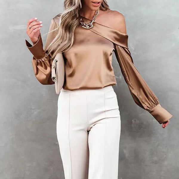 Alma - Beige Satinbluse mit einer Schulter