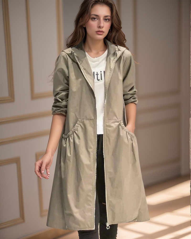 Lange Regenjacke Mit Reißverschluss Für Frauen | Kapuze