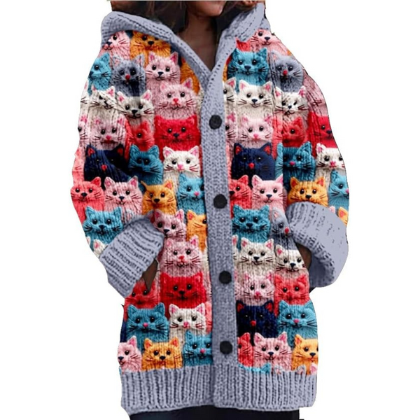 Damen Strickjacke Mit Kapuze | Mit Katzenprint