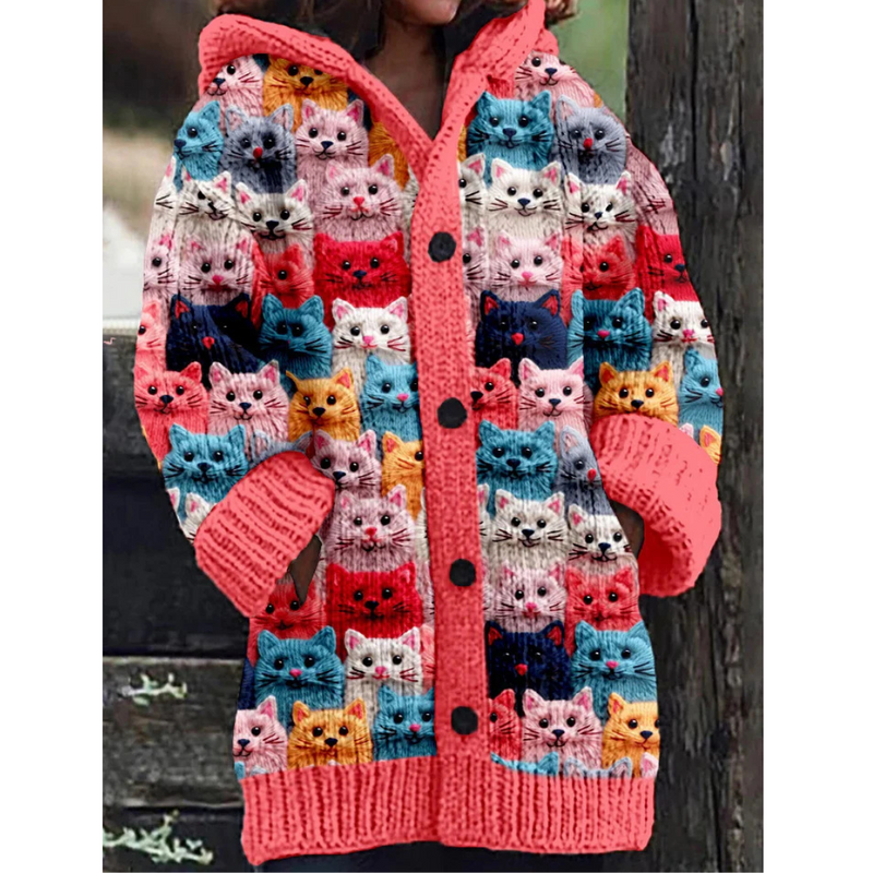 Damen Strickjacke Mit Kapuze | Mit Katzenprint