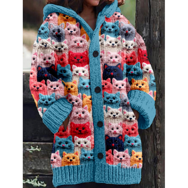 Damen Strickjacke Mit Kapuze | Mit Katzenprint