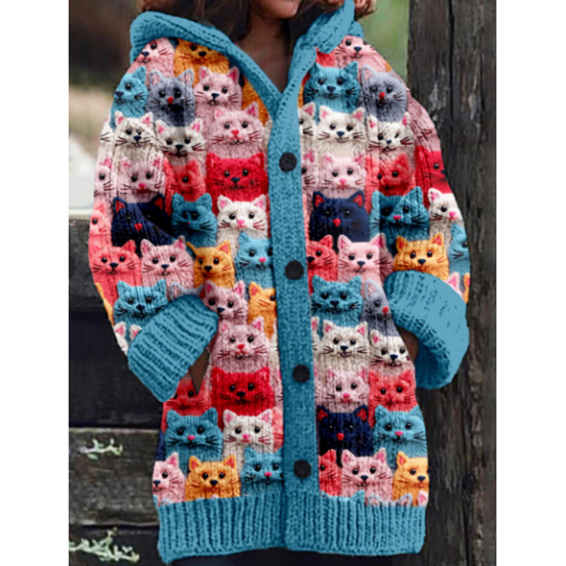 Damen Strickjacke Mit Kapuze | Mit Katzenprint
