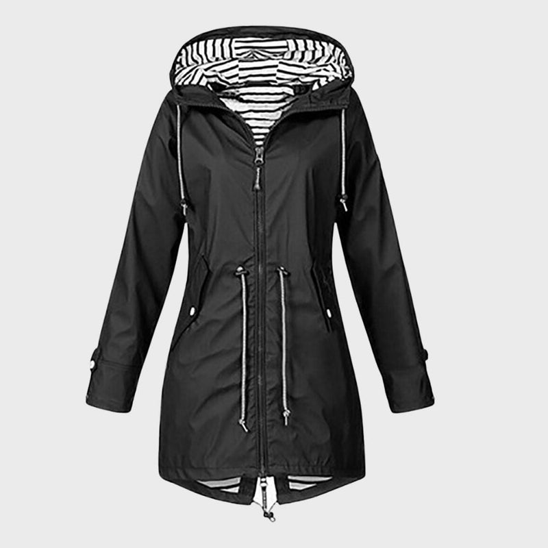 Mittellange Regenjacke Mit Kapuze Für Frauen | Verstellbare Taille