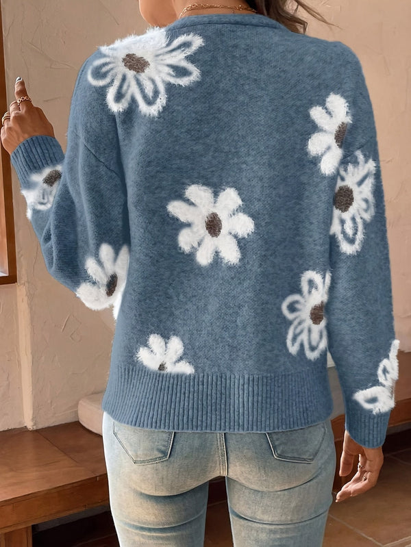 Damen-Strickjacke Mit V-Ausschnitt Und Blumen | Lange Ärmel