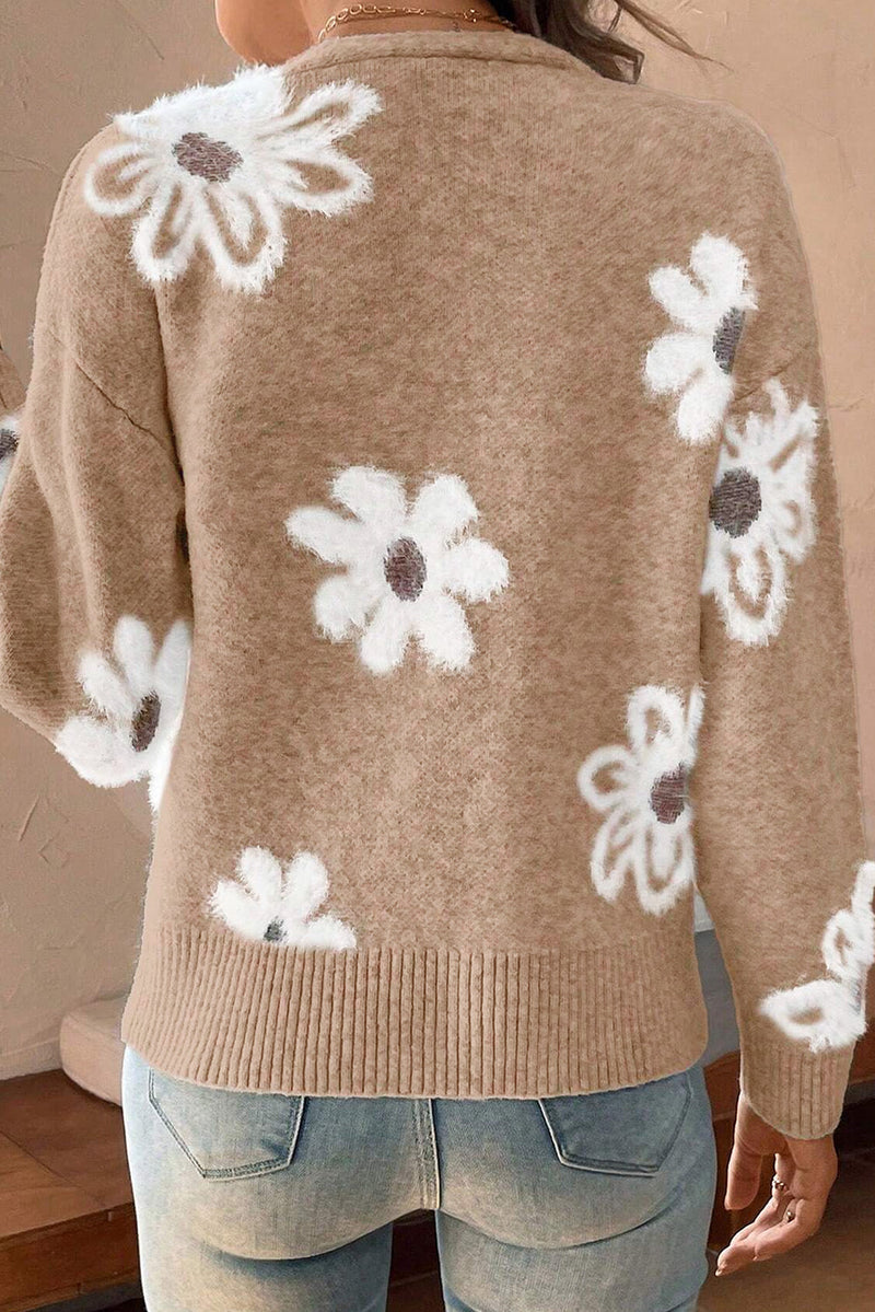 Damen-Strickjacke Mit V-Ausschnitt Und Blumen | Lange Ärmel