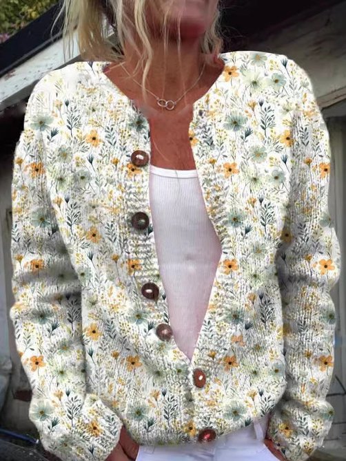 Strickjacke Mit Rundhalsausschnitt Für Damen | Blumenmuster