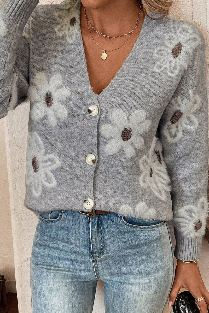 Damen-Strickjacke Mit V-Ausschnitt Und Blumen | Lange Ärmel