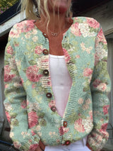 Stylische Damen-Strickjacke Mit Blumendruck | Knopfverschluss