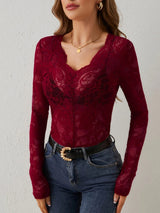 Florale Spitze V-ausschnitt Bluse Für Frauen | Langarm