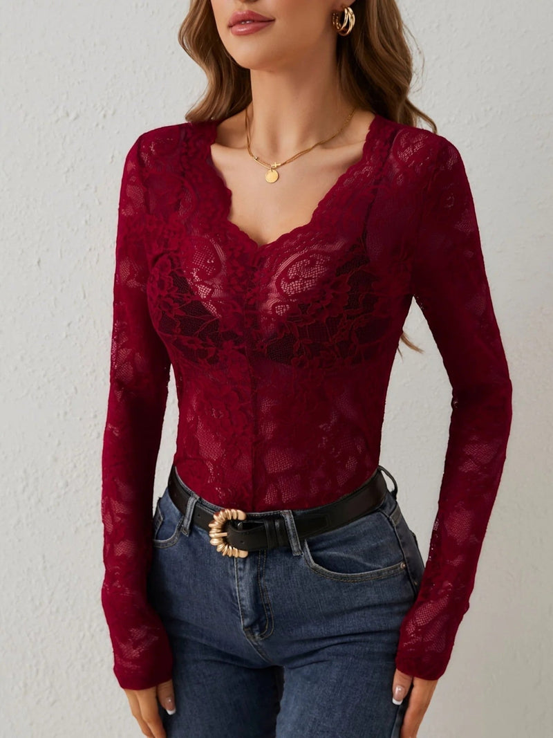 Florale Spitze V-ausschnitt Bluse Für Frauen | Langarm