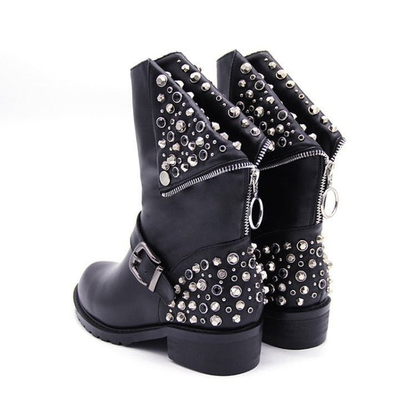 Schwarze Bikerstiefel Für Damen Mit Schnalle | Silberne Nieten